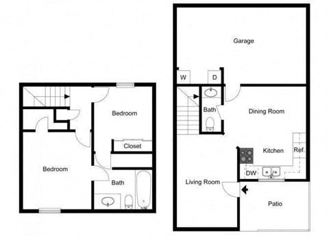 Floor plan for 2 beds, 1.5 baths, 953 sqft